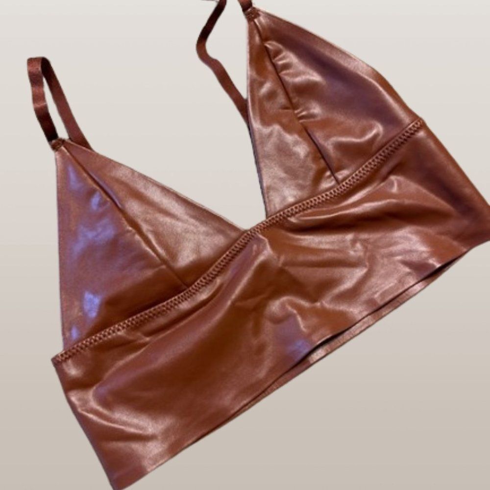 Cognac Brown Faux Leather Longline Bralette / Top  4213 Medium  NWT Boutique